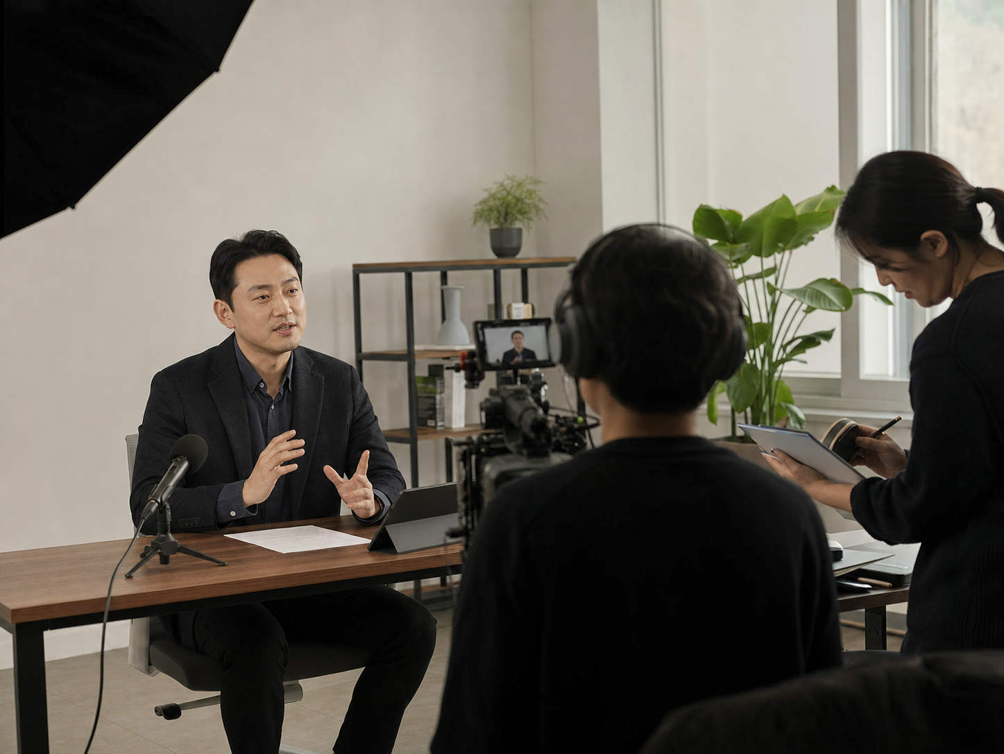 전문직 인물이 제작팀과 유튜브 영상을 촬영하는 장면